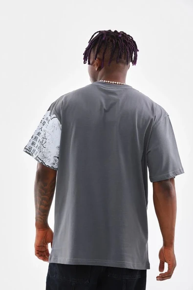 Unisex Bisiklet Yaka Baskılı Oversize T-Shirt - Gri - 7
