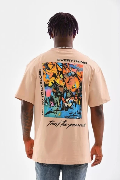 Unisex Bisiklet Yaka Baskılı Oversize T-Shirt - Bej - Resim 7