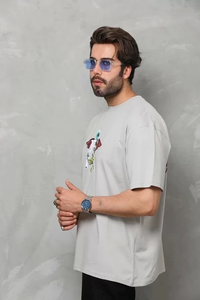 Unisex Bisiklet Yaka Baskılı Oversize T-Shirt - Gri - Resim 5