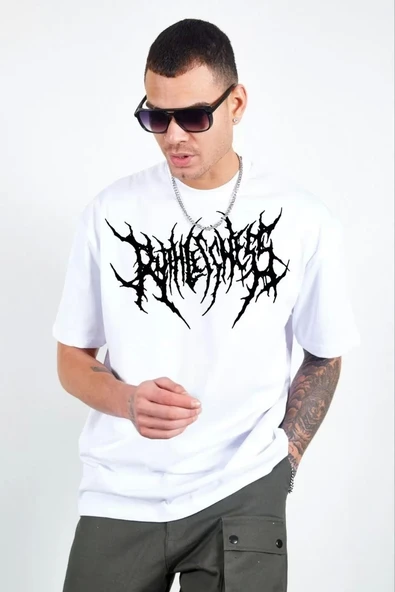 Unisex Bisiklet Yaka Baskılı Oversize T-Shirt - Beyaz ürün görseli