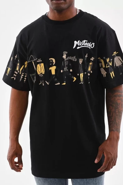 Unisex Bisiklet Yaka Baskılı Oversize T-Shirt - Siyah - Resim 2