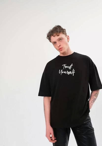 Unisex Bisiklet Yaka Baskılı Oversize T-Shirt - Siyah - 1