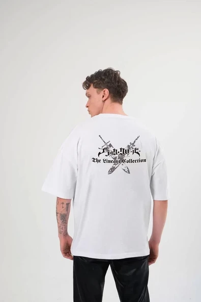 Unisex Bisiklet Yaka Baskılı Oversize T-Shirt - Beyaz - Resim 2