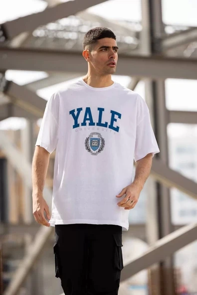 Unisex Bisiklet Yaka Baskılı Oversize T-Shirt - Beyaz - 3