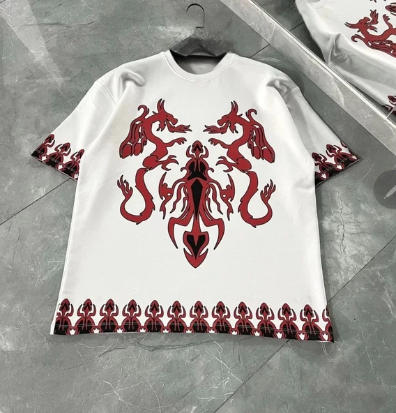 Unisex Bisiklet Yaka Baskılı Oversize T-Shirt - Beyaz ürün görseli