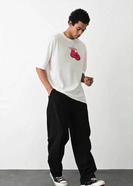 Unisex Bisiklet Yaka Baskılı Oversize T-Shirt - Beyaz ürün görseli