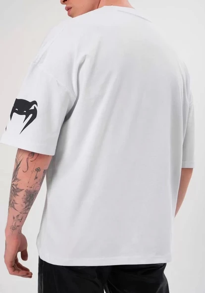 Unisex Bisiklet Yaka Baskılı Oversize T-Shirt - Beyaz - Resim 3