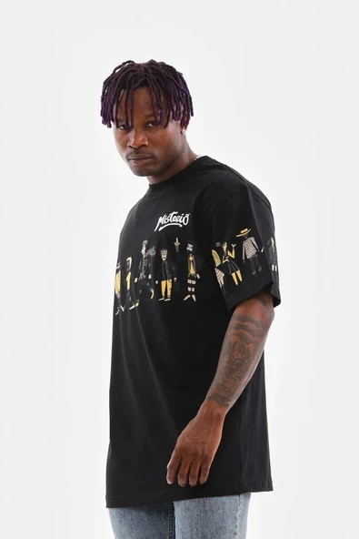 Unisex Bisiklet Yaka Baskılı Oversize T-Shirt - Siyah - Resim 3