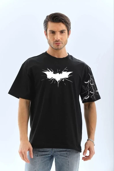 Unisex Ön ve Kol Baskılı Oversize T-shirt - Siyah ürün görseli