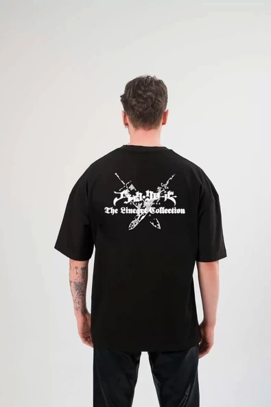 Unisex Bisiklet Yaka Baskılı Oversize T-Shirt - Siyah - Resim 2