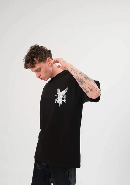 Unisex Bisiklet Yaka Baskılı Oversize T-Shirt - Siyah - Resim 2