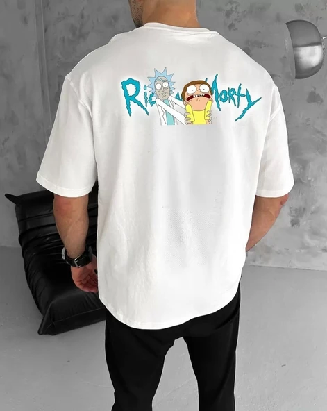 Unisex Bisiklet Yaka Baskılı Oversize T-Shirt - Beyaz - Resim 2