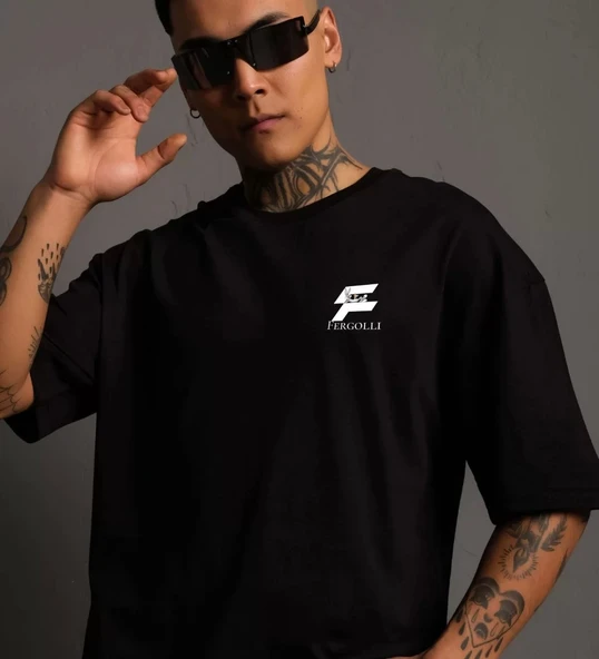Unisex Bisiklet Yaka Baskılı Oversize T-Shirt - Siyah - 2