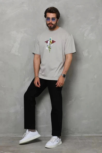 Unisex Bisiklet Yaka Baskılı Oversize T-Shirt - Gri - Resim 6