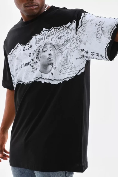 Unisex Bisiklet Yaka Baskılı Oversize T-Shirt - Siyah - Resim 4