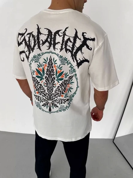 Unisex Bisiklet Yaka Baskılı Oversize T-Shirt - Beyaz - Resim 2