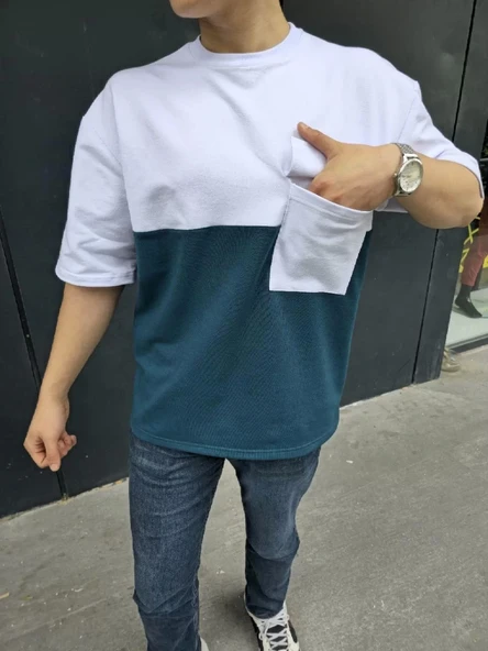 Unisex Torba Cep Detaylı Parçalı T-Shirt - Lacivert - Resim 3