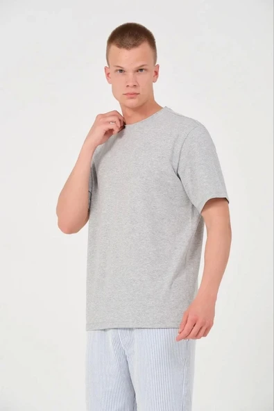 Unisex Düz Biskilet Yaka Oversize T-shirt - Gri ürün görseli