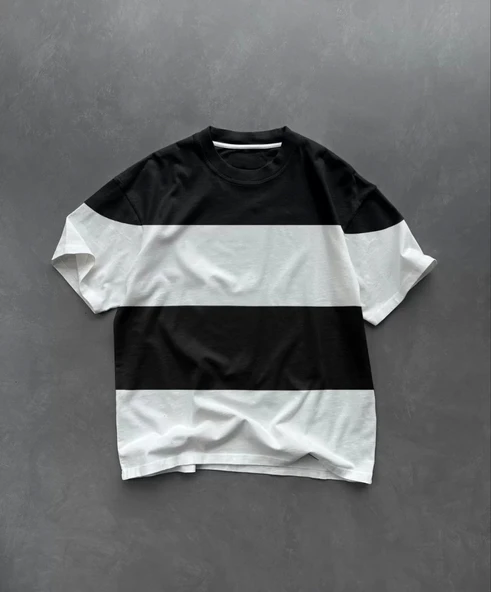 Unisex Bisiklet Yaka Parçalı T-Shirt - Siyah - Resim 2