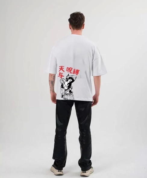 Unisex Bisiklet Yaka Baskılı Oversize T-Shirt - Beyaz - Resim 2