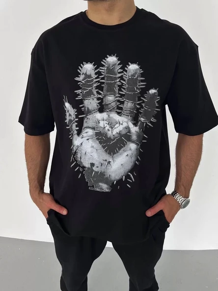 Unisex Bisiklet Yaka Baskılı Oversize T-Shirt - Siyah - Resim 2