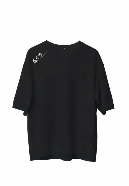 Unisex Bisiklet Yaka Baskılı Oversize T-Shirt - Siyah ürün görseli