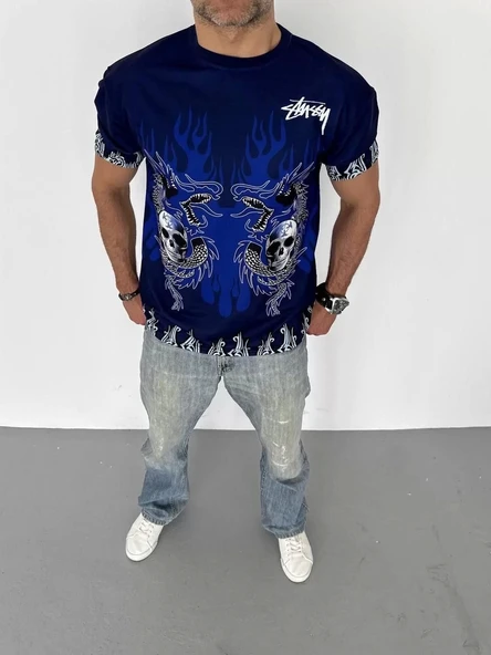 Unisex Bisiklet Yaka Baskılı Oversize T-Shirt - Lacivert - Resim 2