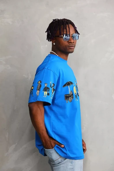 Unisex Bisiklet Yaka Baskılı Oversize T-Shirt - Mavi - Resim 4
