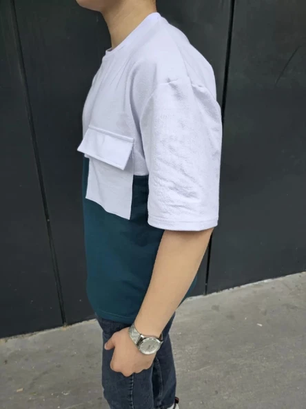 Unisex Torba Cep Detaylı Parçalı T-Shirt - Lacivert - Resim 2