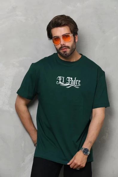 Unisex Bisiklet Yaka Baskılı Oversize T-Shirt - Yeşil - 5