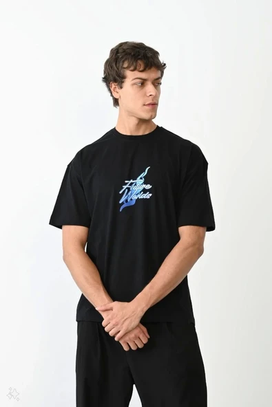 Unisex Bisiklet Yaka Baskılı Oversize T-Shirt - Siyah - 1
