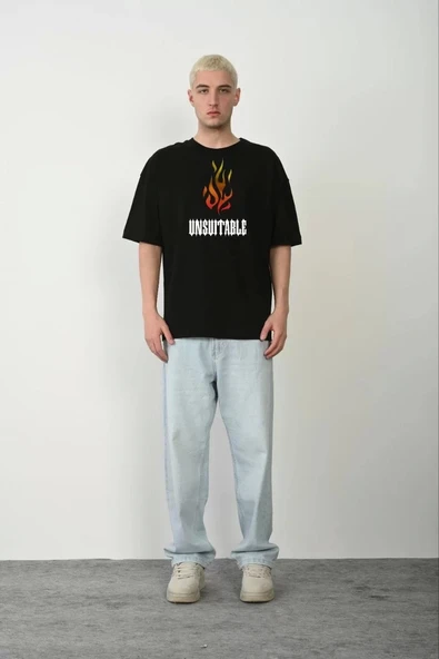 Unisex Bisiklet Yaka Baskılı Oversize T-Shirt - Siyah ürün görseli