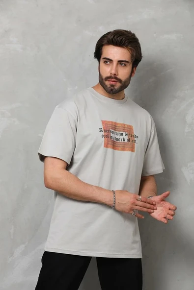 Unisex Bisiklet Yaka Baskılı Oversize T-Shirt - Gri - Resim 4