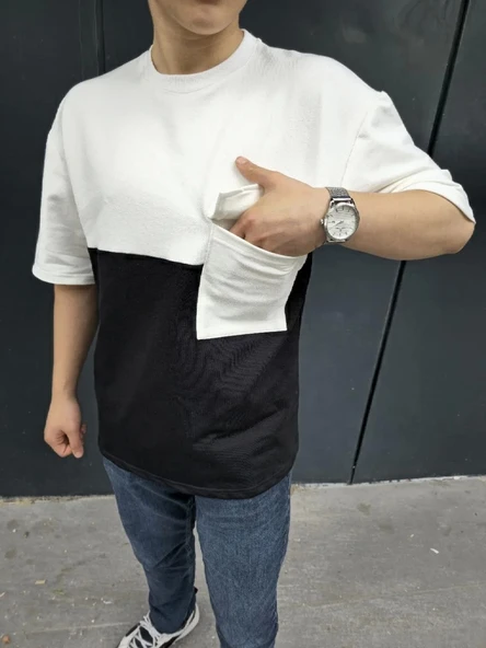 Unisex Torba Cep Detaylı Parçalı T-Shirt - Siyah - 5