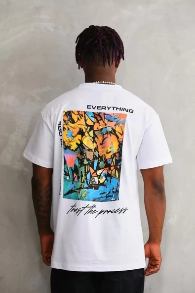 Unisex Bisiklet Yaka Baskılı Oversize T-Shirt - Beyaz - Resim 6