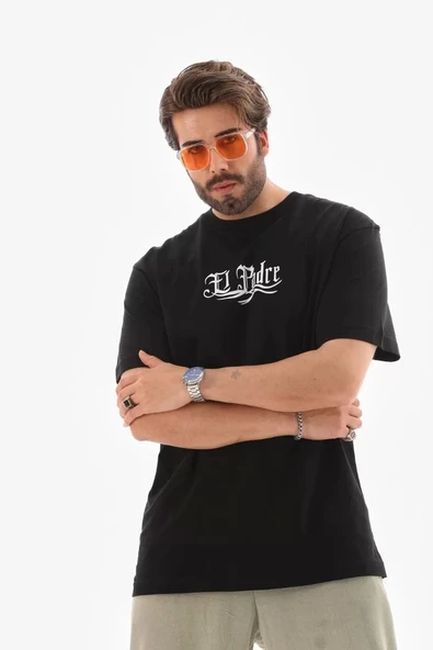 Unisex Bisiklet Yaka Baskılı Oversize T-Shirt - Siyah - Resim 7