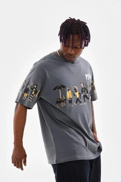 Unisex Bisiklet Yaka Baskılı Oversize T-Shirt - Gri - Resim 3