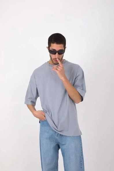 Unisex Basic Bisiklet Yaka Oversize T-Shirt - Gri ürün görseli