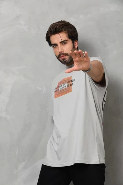 Unisex Bisiklet Yaka Baskılı Oversize T-Shirt - Gri - Resim 3