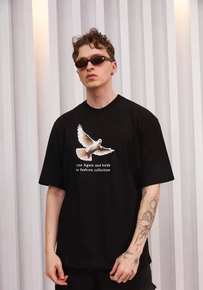 Unisex Bisiklet Yaka Baskılı Oversize T-Shirt - Siyah - 1