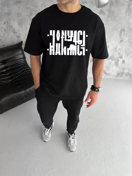 Unisex Bisiklet Yaka Katlanan Baskılı T-Shirt - Siyah - 1