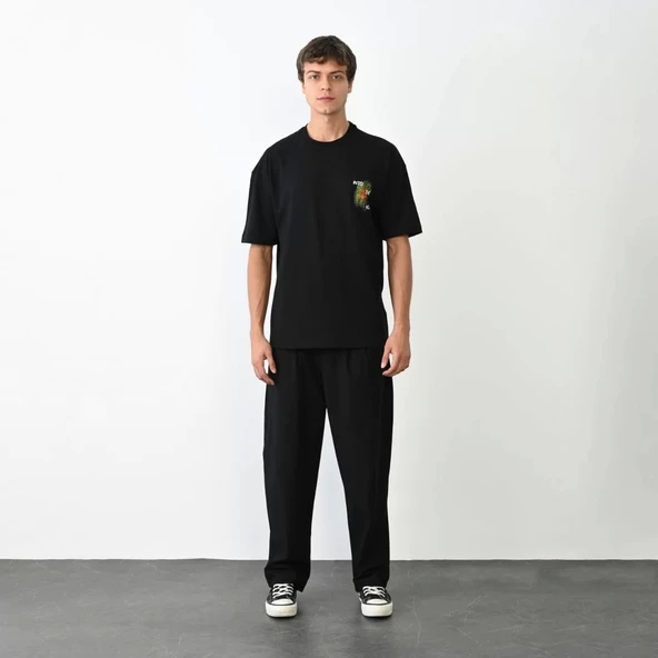 Unisex Bisiklet Yaka Baskılı Oversize T-Shirt - Siyah ürün görseli