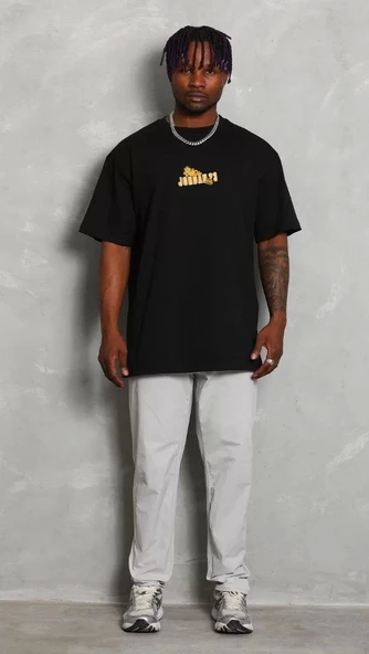 Unisex Bisiklet Yaka Baskılı Oversize T-Shirt - Siyah ürün görseli