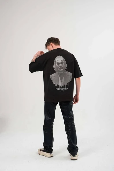 Unisex Bisiklet Yaka Baskılı Oversize T-Shirt - Siyah - Resim 2