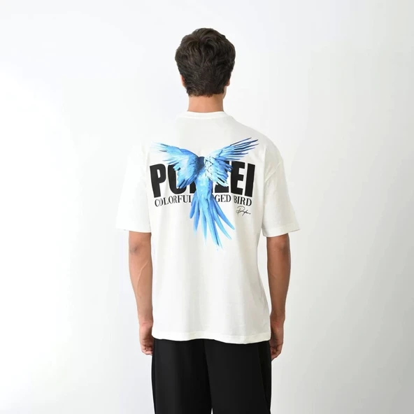 Unisex Bisiklet Yaka Baskılı Oversize T-Shirt - Beyaz - Resim 5