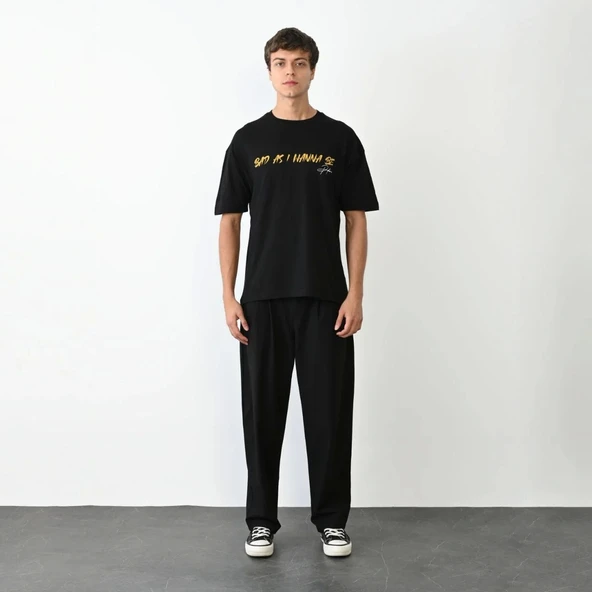 Unisex Bisiklet Yaka Baskılı Oversize T-Shirt - Siyah ürün görseli