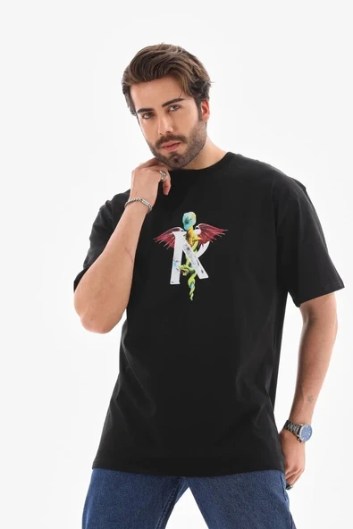 Unisex Bisiklet Yaka Baskılı Oversize T-Shirt - Siyah - Resim 7