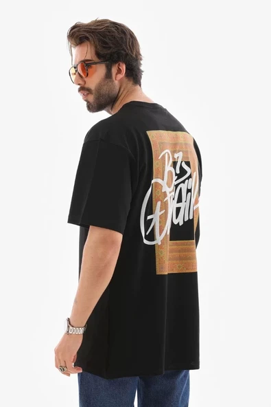 Unisex Bisiklet Yaka Baskılı Oversize T-Shirt - Siyah - Resim 5