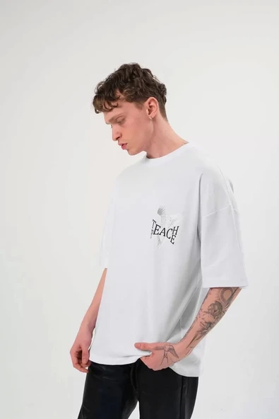 Unisex Bisiklet Yaka Baskılı Oversize T-Shirt - Beyaz ürün görseli