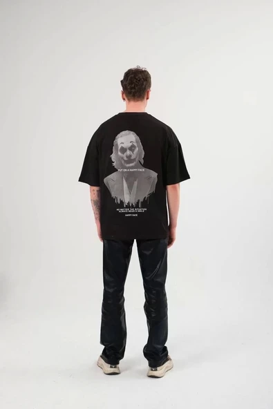 Unisex Bisiklet Yaka Baskılı Oversize T-Shirt - Siyah - Resim 3